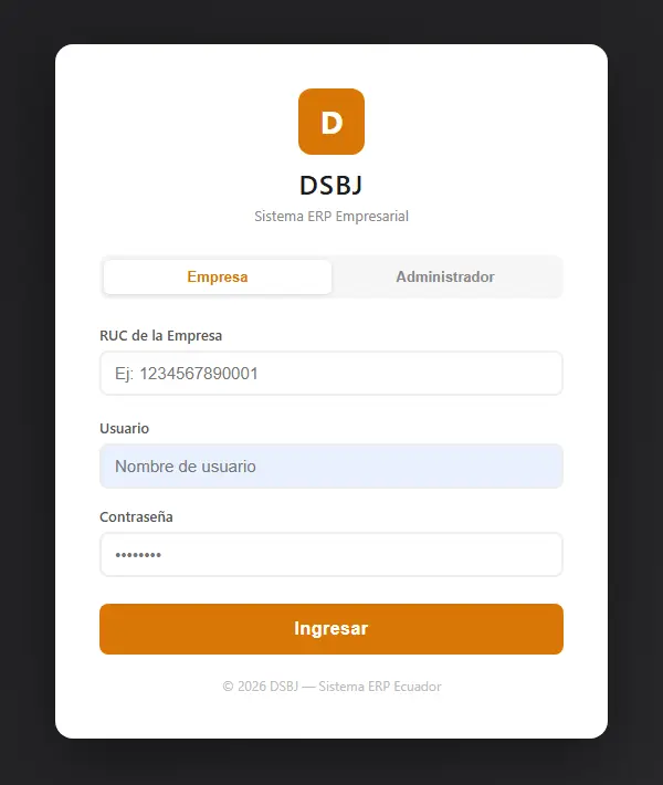 Pantalla de inicio de sesión de DSBJ con acceso por empresa o administrador