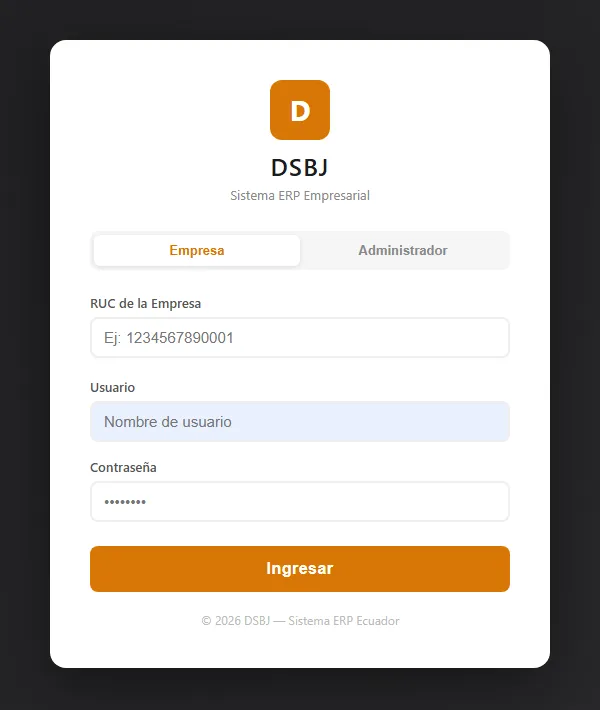 Pantalla de inicio de sesión del sistema contable DSBJ