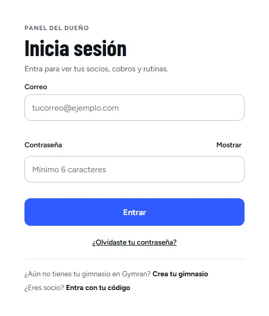 Formulario de inicio de sesión del panel del dueño de Gymran, con campos de correo y contraseña y botón Entrar
